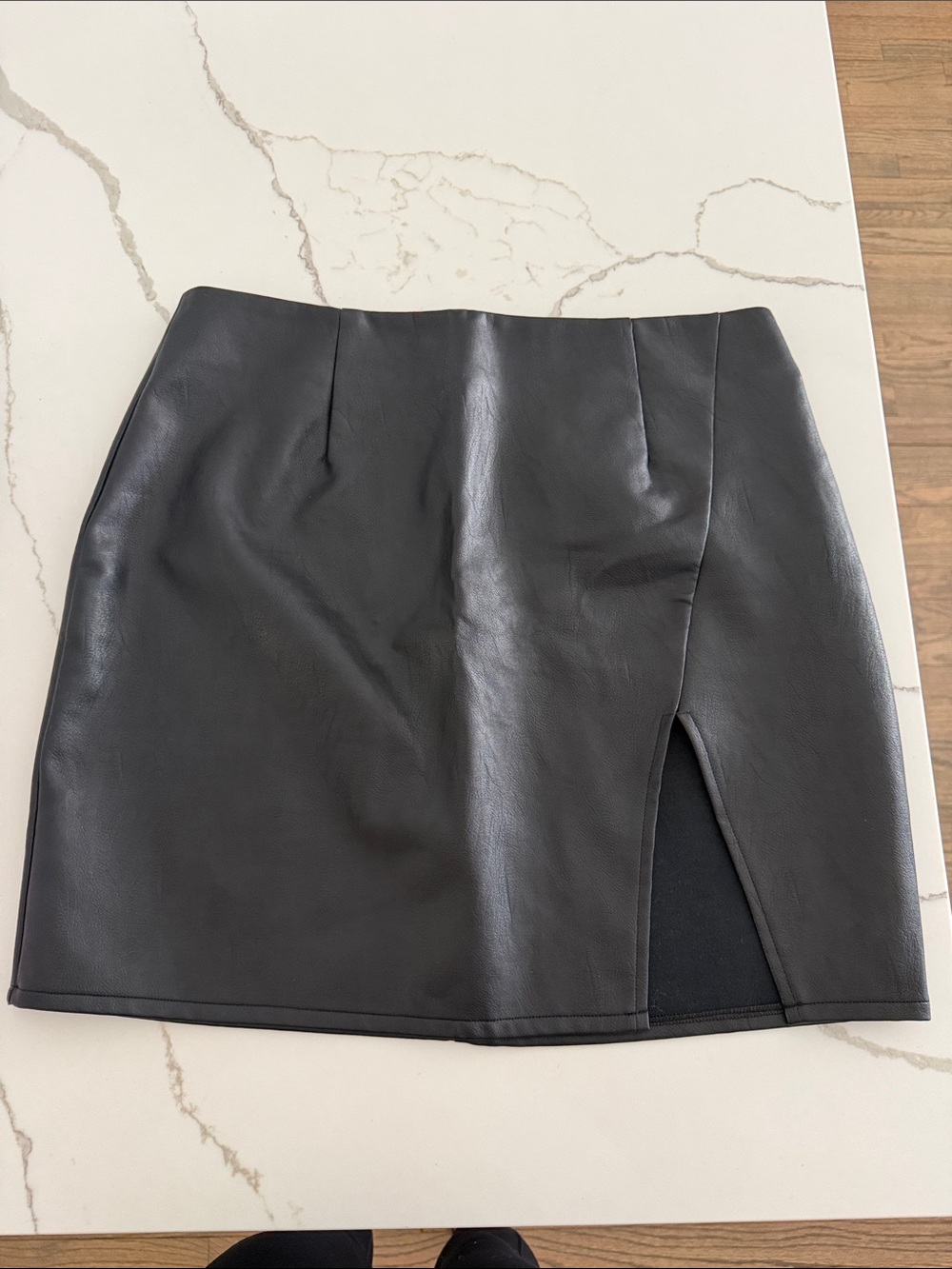 Superdown Black Faux Leather Mini Skirt with Front Slit Detail